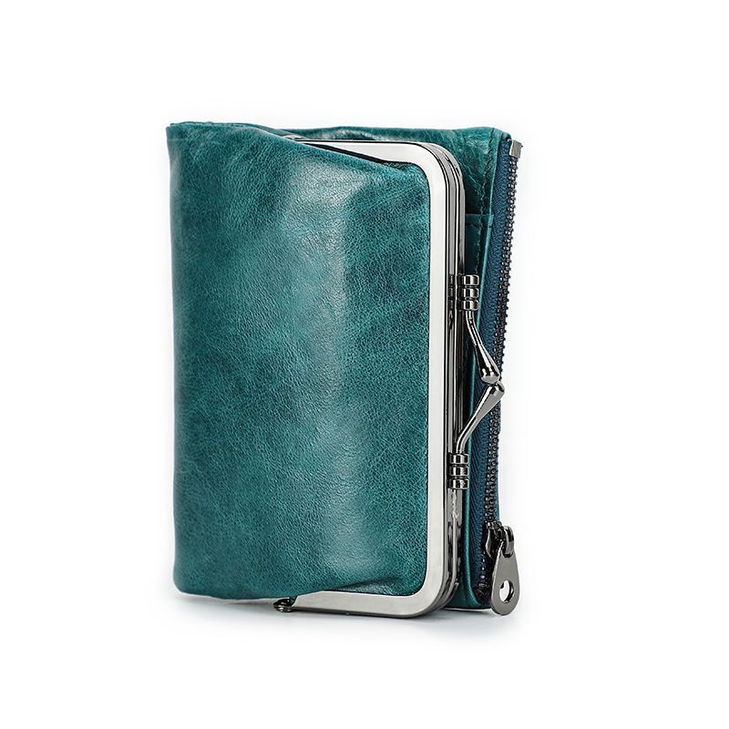Small Metal Frame Purse Genuine Leather Wallet Hasp Zipper Coins Cards Holder