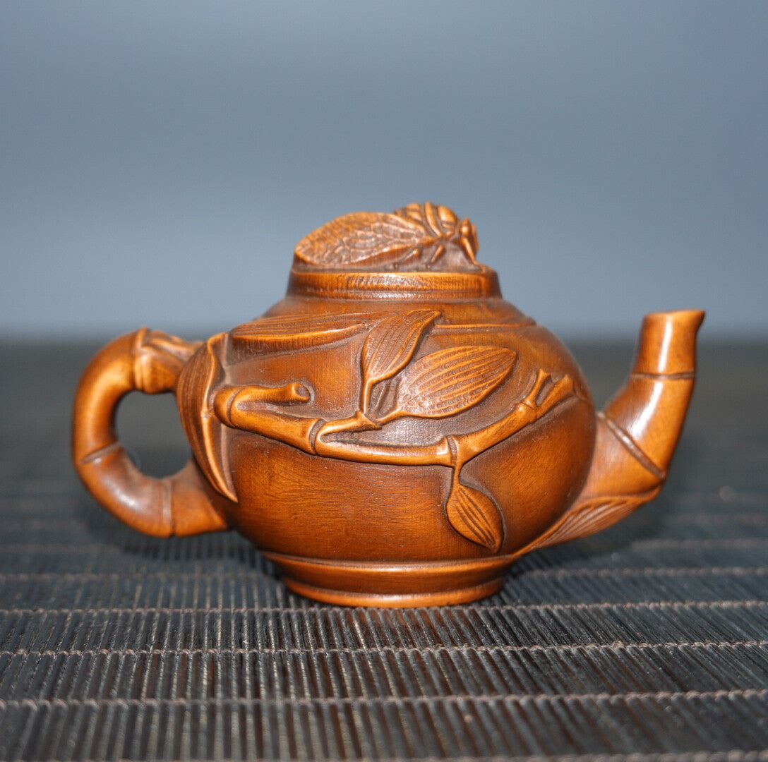 Antique Collection Tea Pot Statue Bamboo Leaf Handle Wooden Carving Decoration