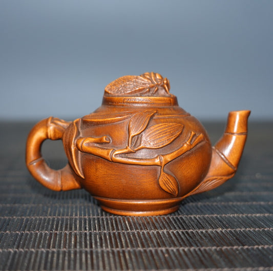 Antique Collection Tea Pot Statue Bamboo Leaf Handle Wooden Carving Decoration