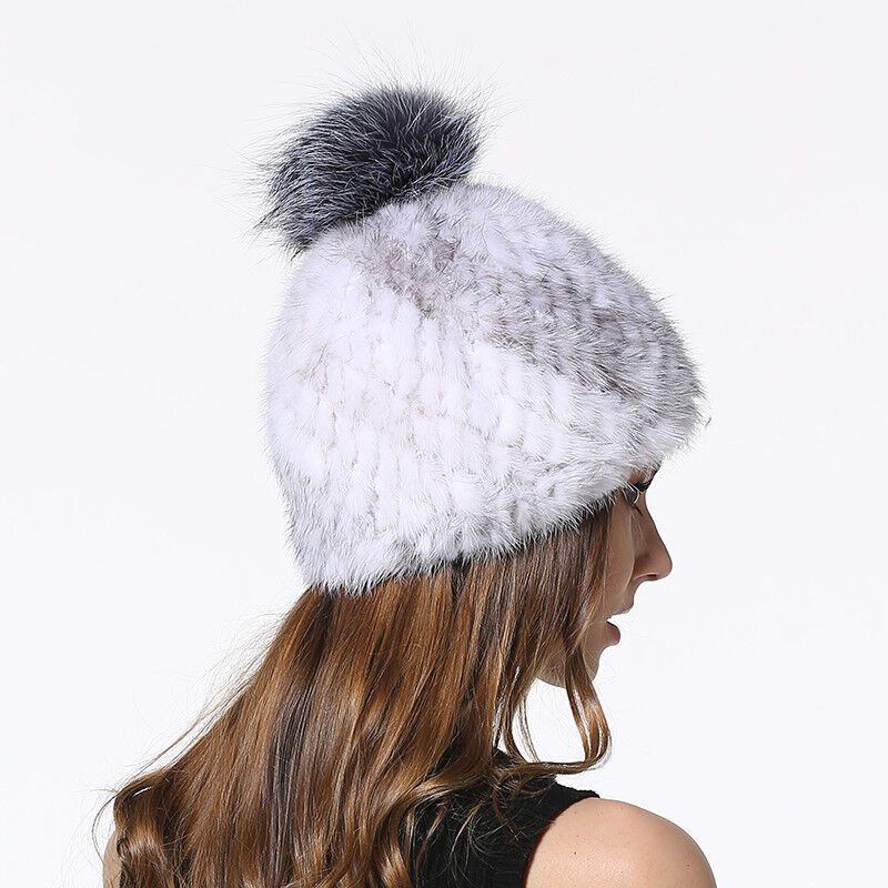 Winter Mink Fur Hats Beanies Women Real Silver Fox Fur Ball Caps Knitting Liner