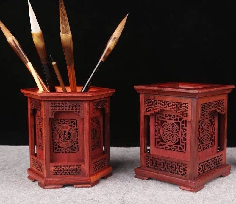 Rosewood Pen Holder Pot Pencil Brush Ruller Study Desk Organizer Chinese Gift