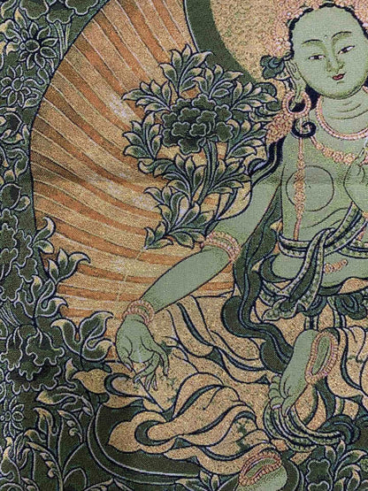 36"Tibet Tibetan Cloth Silk Buddhism Green Tara Guanyin Tangka Thangka Mural 075