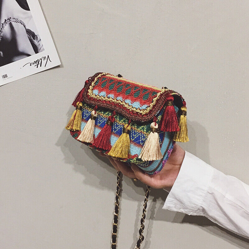 Celela Versatile Small Bag Women's Woven Bag Tassel Chain Shoulder Bag Purse