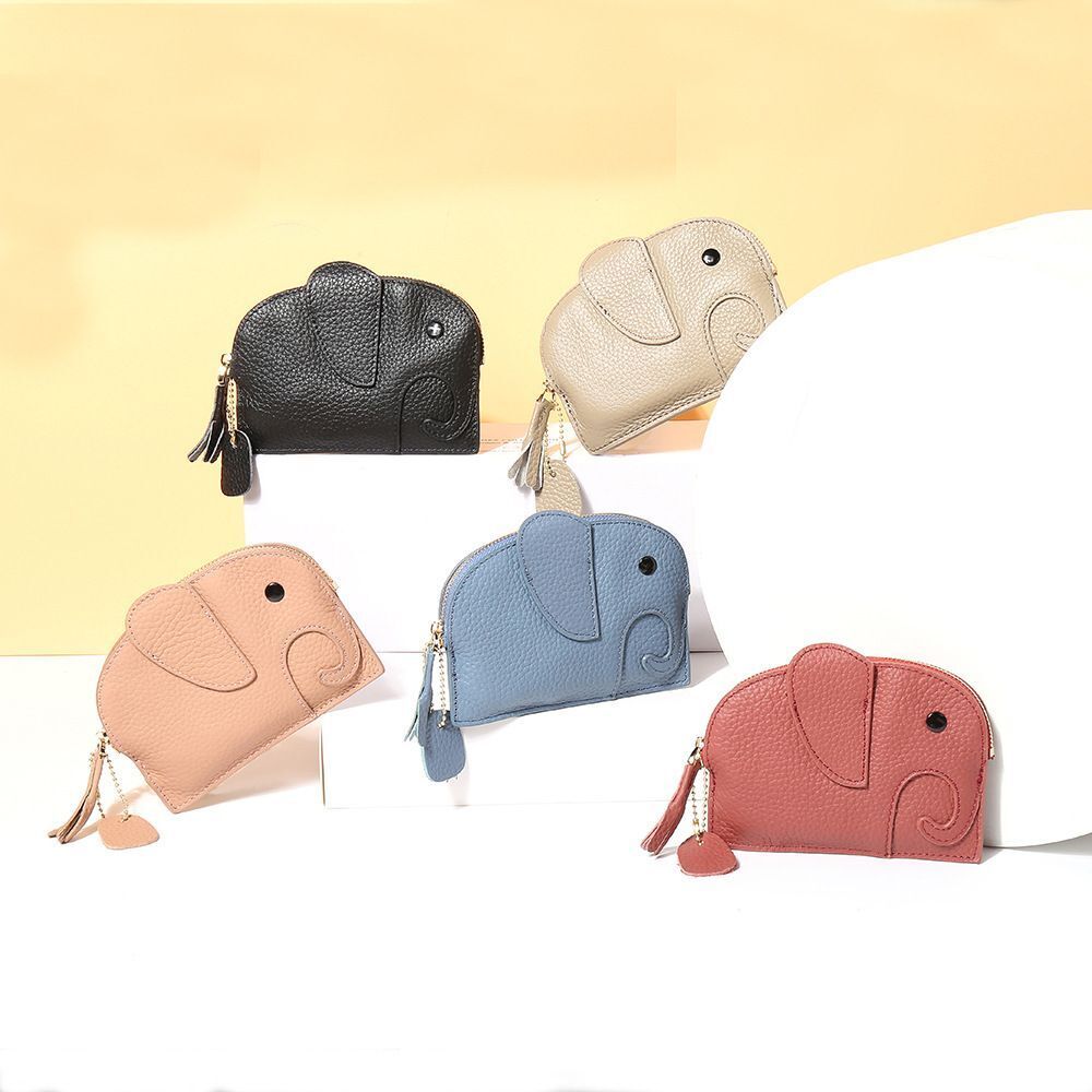 Elephant Coin Purse Lichee Pattern Genuine Leather Zipper Wallet High Quality