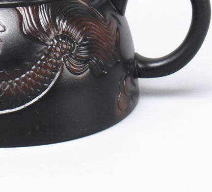 6.8oz Purple Pottery Tea Pot Dragon Carved Chinese Kungfu Tea Pot Marked 200ml