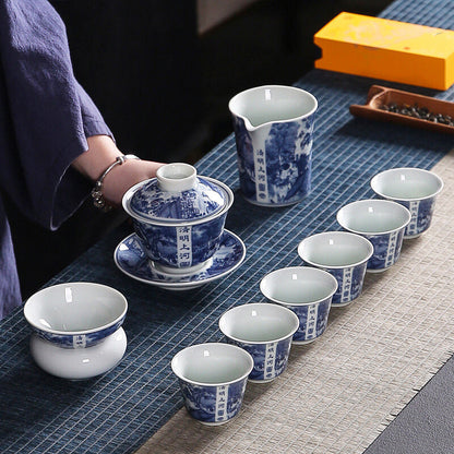 Blue-and-white Porcelain Tea Set Riverside Scene At Qingming Festival Gaiwan Cup