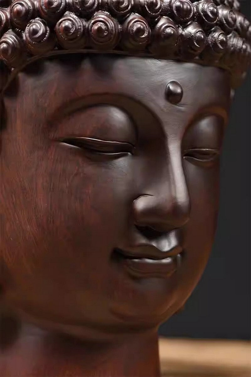 12" Natural Ebony Wood Carved Sakyamuni Buddha Head Statue Buddhism Collection