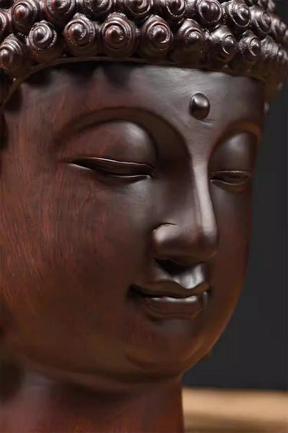 12" Natural Ebony Wood Carved Sakyamuni Buddha Head Statue Buddhism Collection