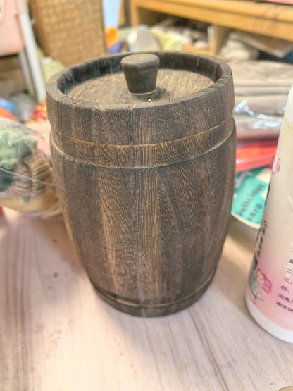 Vintage Wooden Barrel Jar 13.5×9cm 2Pcs Tea/Spice Canister Minor Defects