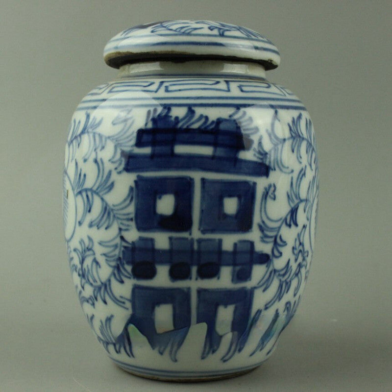 3.9" Old China Handwork Blue and White Porcelain Vase Double Happiness
