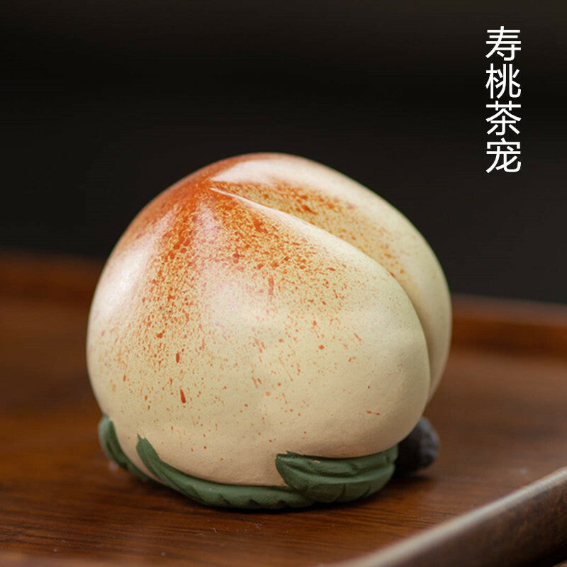 3" Chinese Yixing Zisha Pottery Duan Clay Lovable Longevity Peach Tea Pet Statue