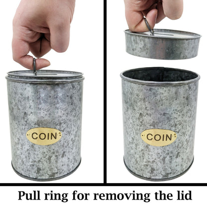 Galvanized Coin Can with Coin Slot and Removable Lid, Silver Farmhouse Piggybank