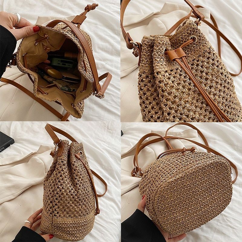 Drawstring Straw Bucket Bag Woven Shoulder Purse Handbag Polyester Crossbody Bag
