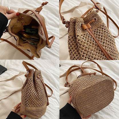Drawstring Straw Bucket Bag Woven Shoulder Purse Handbag Polyester Crossbody Bag