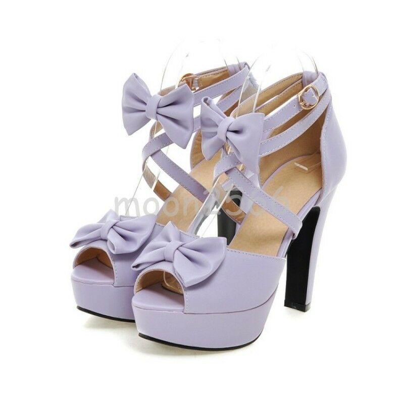 Women Bowknot Block Heels Sweet Peep Toe Cross Strappy Platform Sandals Shoes @