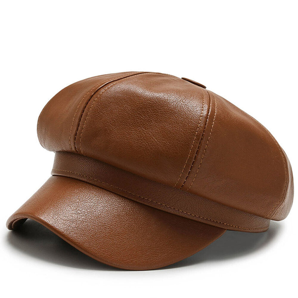 Womens Octagonal Cap PU Leather Cap Duck Tongue Cap Beret Fashion Winter Hat