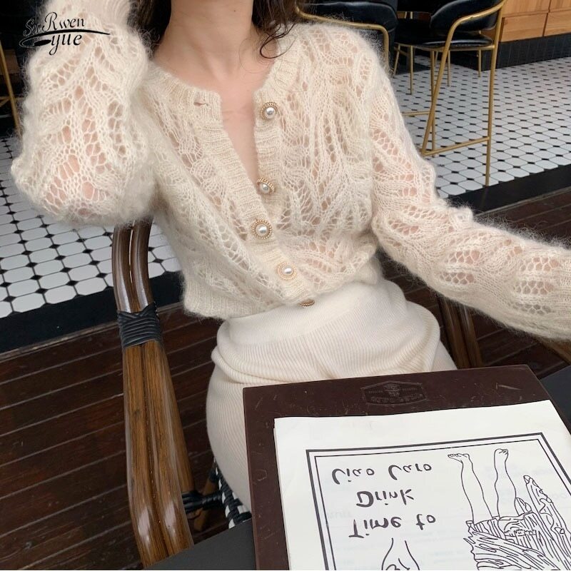 Women Sweater Autumn White Openwork Knitted Cardigan Mohair Coat Sweater