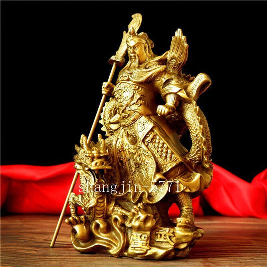 Bronze Brass Guangong Guan Gong Yu Warrior God on Dragon Wealth Statue