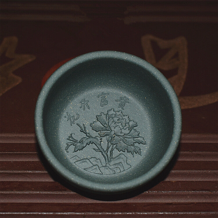 One Cup Peony Flower Carved Relief Tea Cup Marked Chinese Yixing Zisha Tea Cup
