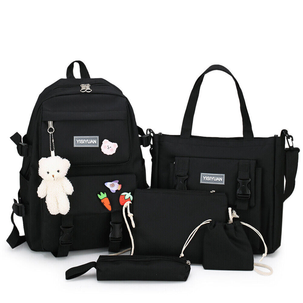 5Pcs Women Girls School Bag Backpack Kawaii Student Bookbag Rucksack Waterproof