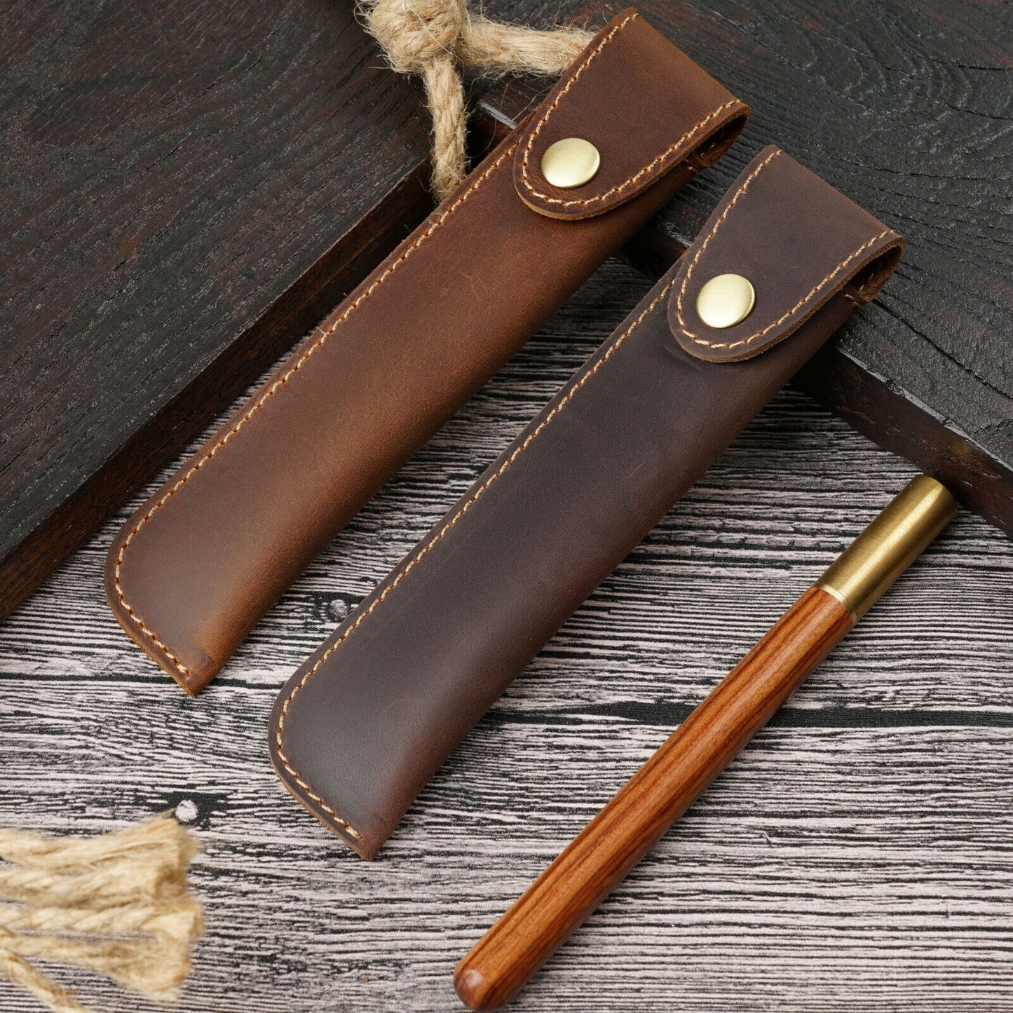 Handmade Cowhide Leather Vintage Pen Case Bag Students Stationery Storage Bag