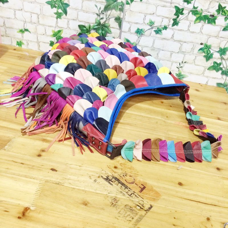Multicolor Genuine Leather Tassel Bag One Shoulder Bags Beach Purse 33*10*33 Cm
