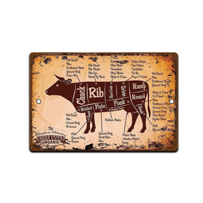 Beef Cuts Tin Sign 8x12 Inch Metal Wall Decor for Kitchen BBQ Farm Shop Cow Man