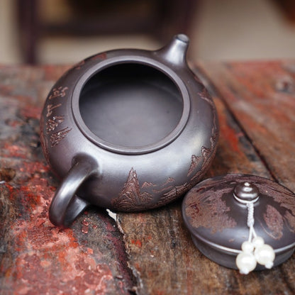 Yixing Zisha Tea Pot "Lone Boat On Cold River" Landscape Design Handmade Pot New