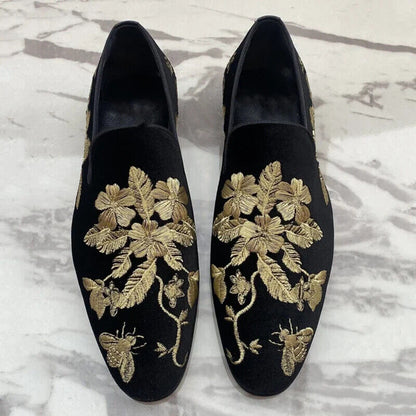 Loafers Men Shoes Black Embroidery Flower Business Casual Shoes
