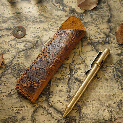 Portable Real Leather Pen Protector Bag Holder Pencil Case Handmade Carved Gifts