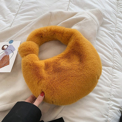 Small Half Moon Bag Warm Plush Bags Furry Short Handle Clutch Cute Handbag Purse