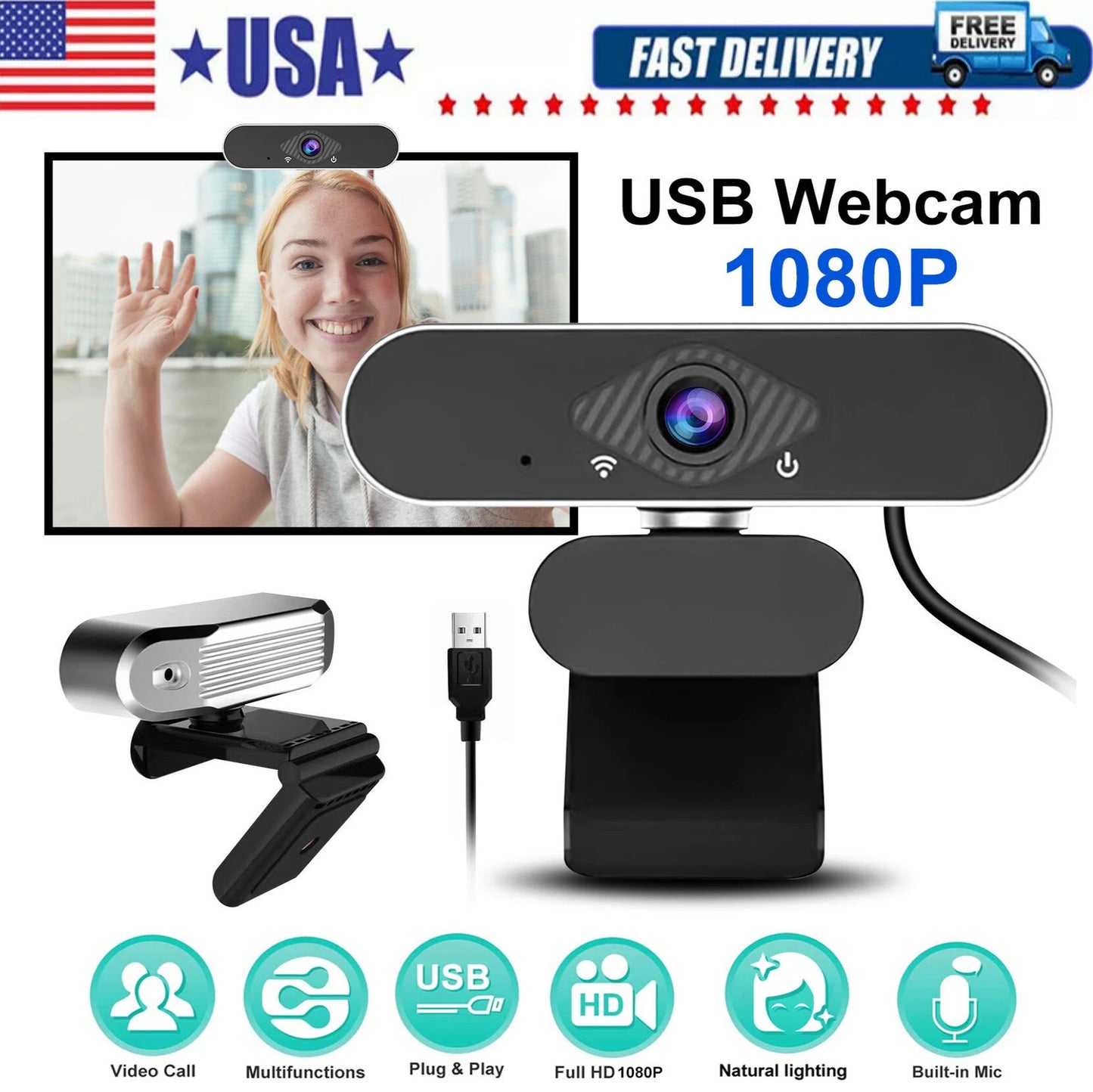 1080P Full HD USB Webcam for PC Desktop,Laptop Web Camera with Microphone LOT