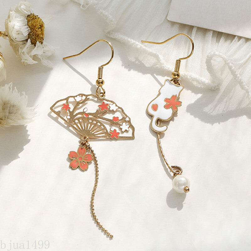 Chinese Style Folding Fan Carp Lotus Asymmetrical Long Tassel Dangle Earrings