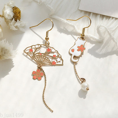 Chinese Style Folding Fan Carp Lotus Asymmetrical Long Tassel Dangle Earrings