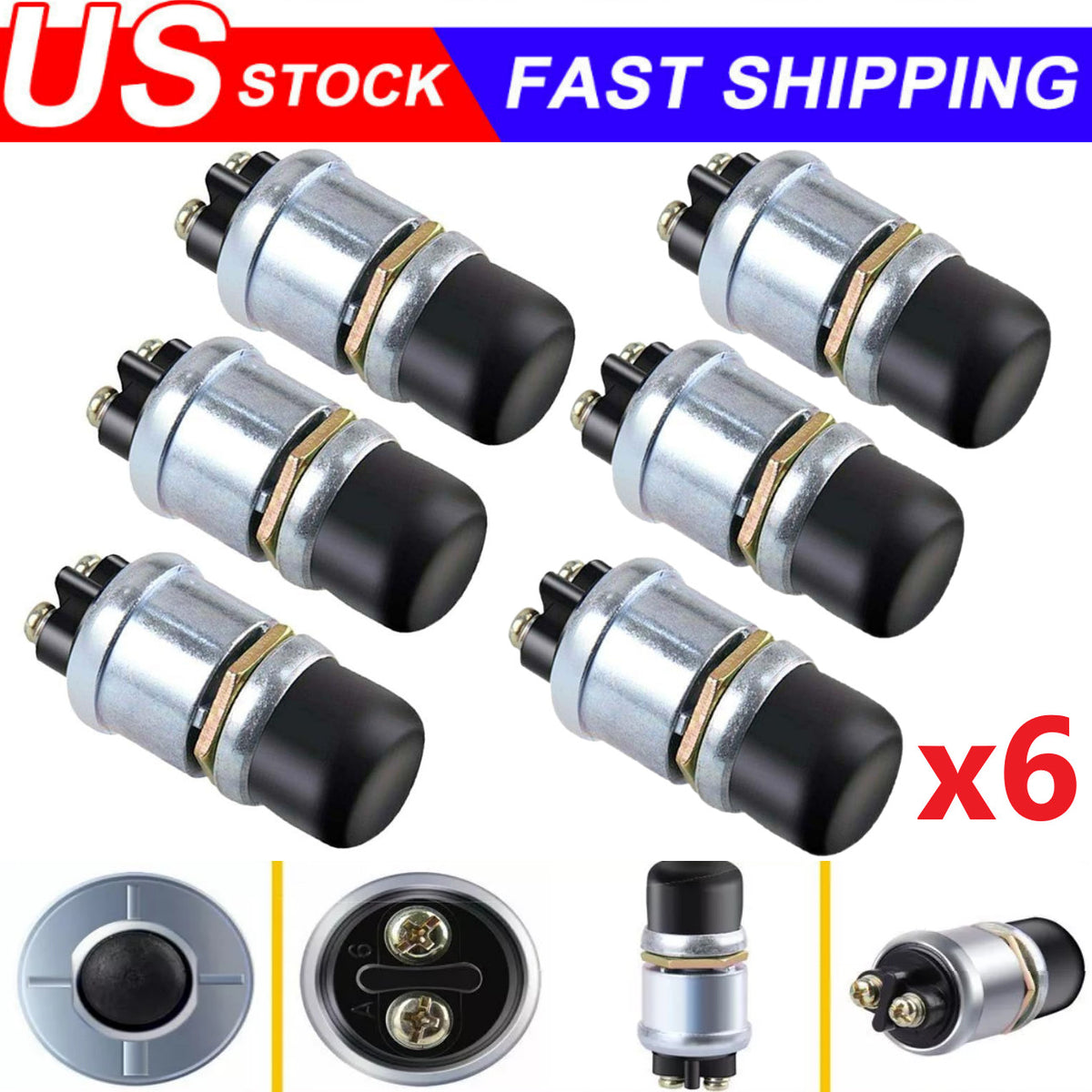 6PCS 12 Volt DC Heavy-Duty Start Momentary Push-Button Starter Switch (50 Amps)