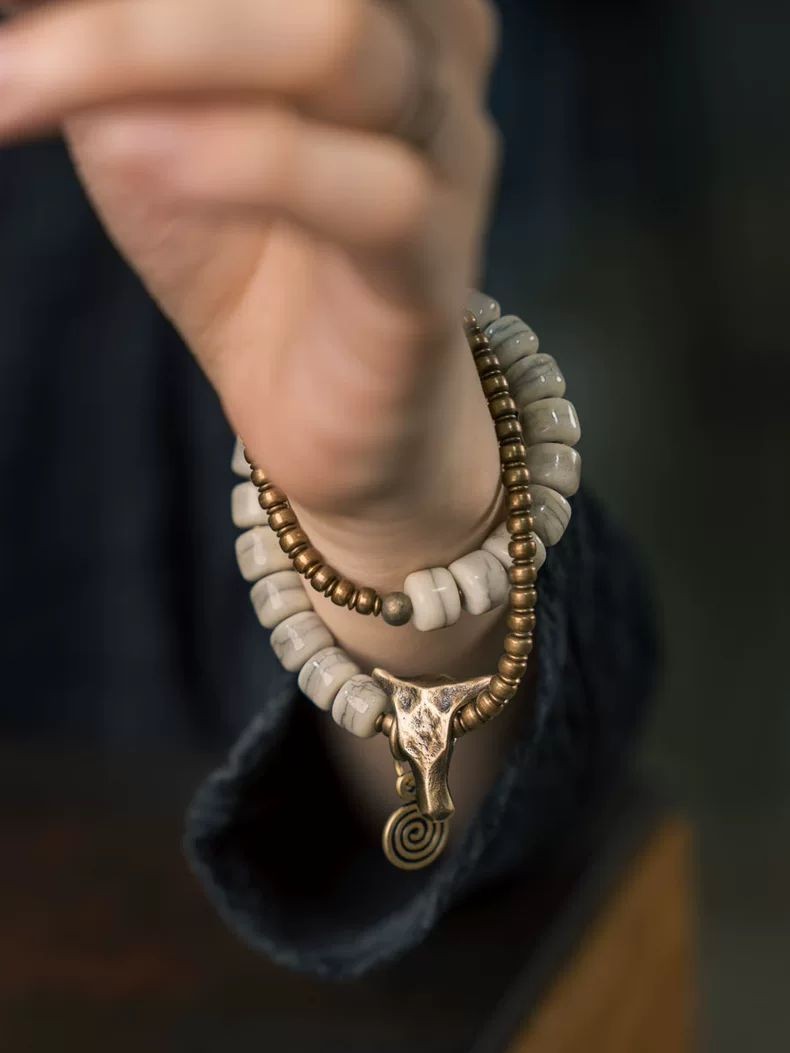 Men's Niche Bull Head Bracelet Vintage Beaded Double Layer Hand Jewelry