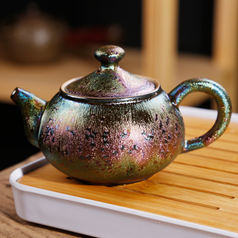 Kiln Change Colorful Peacock Glaze Tea Set Kettle Tea Pot Tea Cups Painted Gold