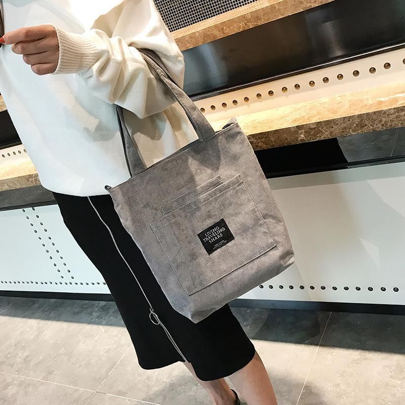 Women Corduroy Shoulder Bag Striped Cloth Handbag Zip Tote Canvas Crossbody Bags