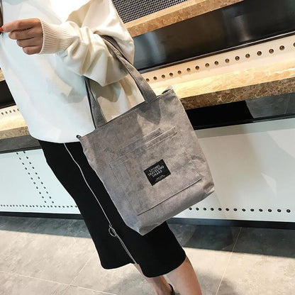 Women Corduroy Shoulder Bag Striped Cloth Handbag Zip Tote Canvas Crossbody Bags