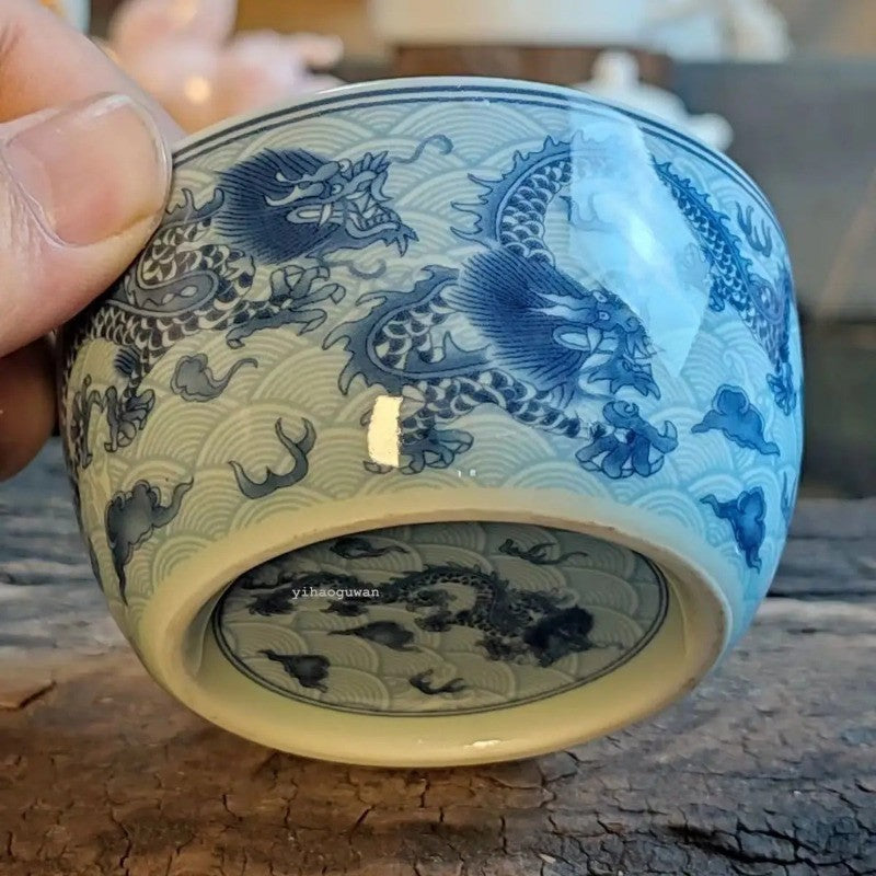 125ML Exquisitely Chinese Retro Blue Glazed Dragon Patterned Porcelain Tea Cups