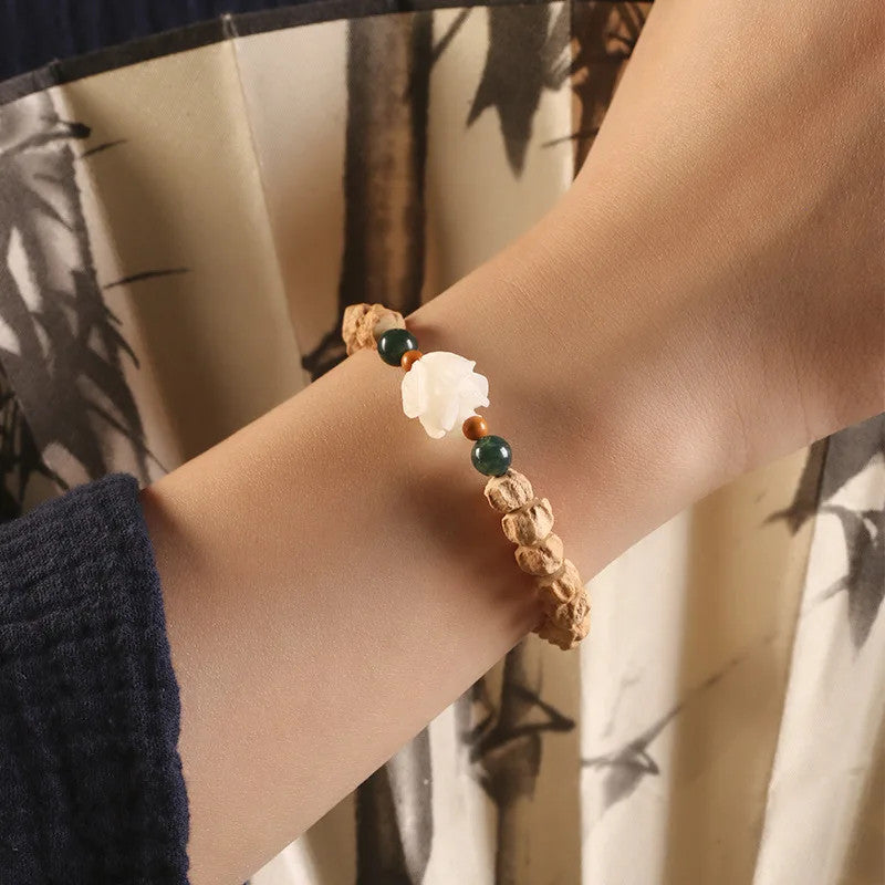 Natural Bodhi Lotus Jade Bracelet Good Luck Hand Strings Buddhist Prayer Beads