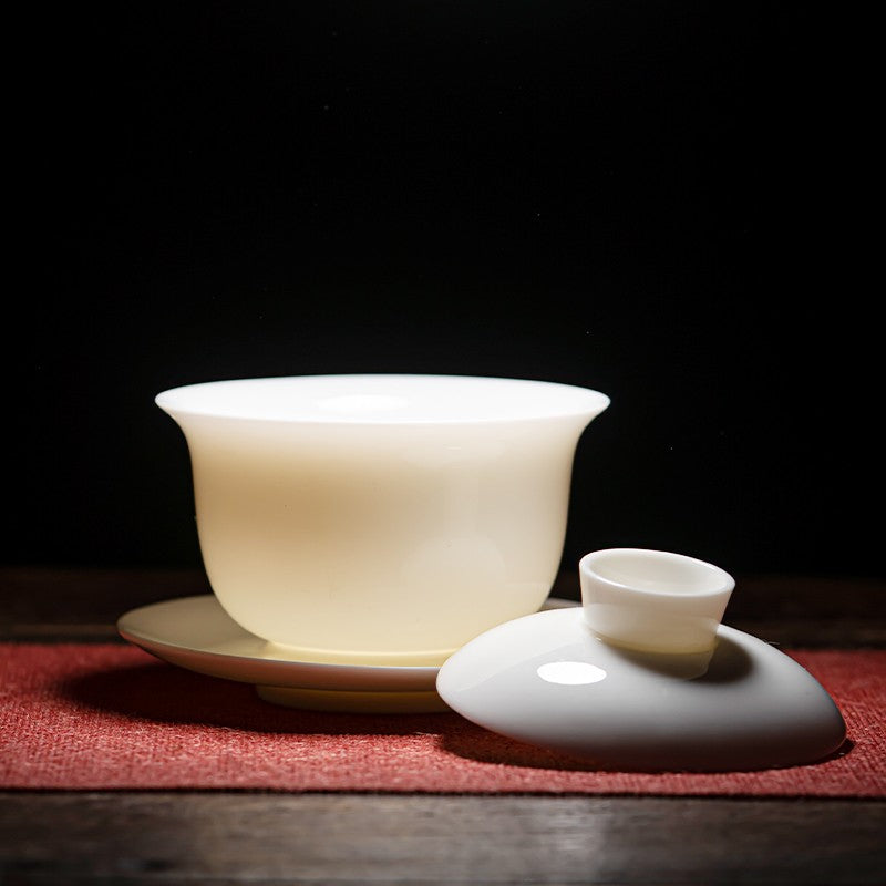 White Porcelain San Cai Gai Bowl Ceramics Dehua White Porcelain Kung Fu Tea Set