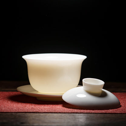 White Porcelain San Cai Gai Bowl Ceramics Dehua White Porcelain Kung Fu Tea Set