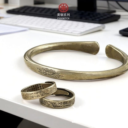 Vintage Brass Bangle Ring Set Open Adjustable Engraved Jewelry Set