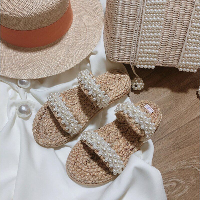 Pearl Straw Bag Fashionable Shoulder Bag Seaside Vacation Handbag Polyester 1 PC