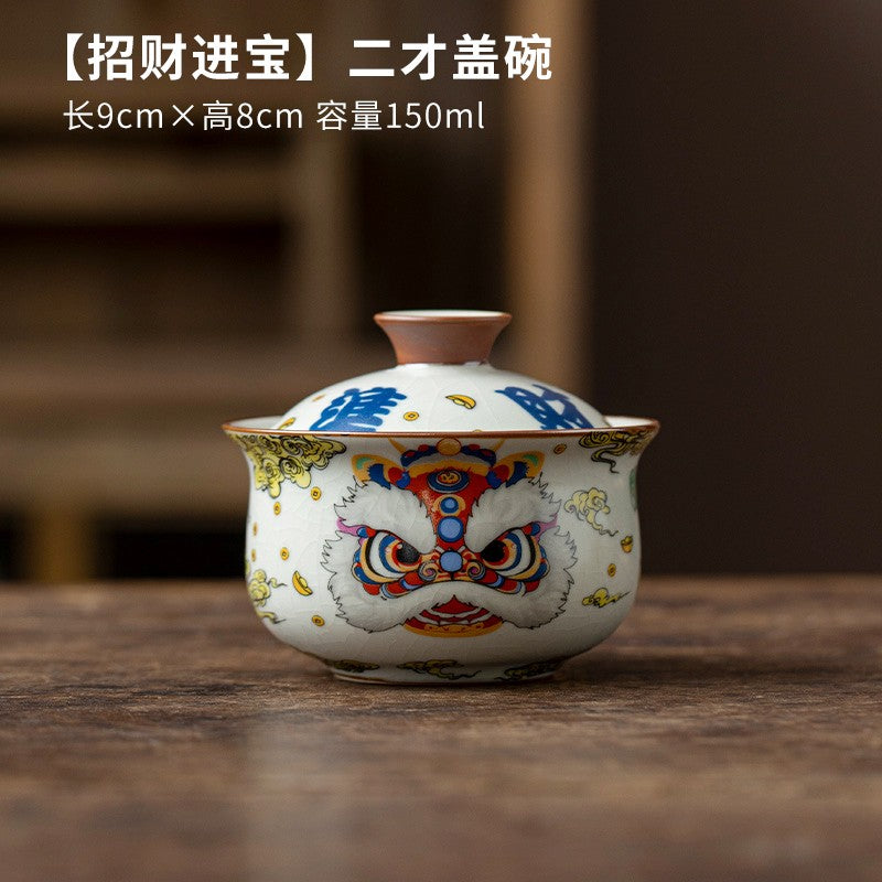 Ru Kiln Lion Awakening Three Cai Gaiwan Teacup Kung Fu Ceramic Tea Set
