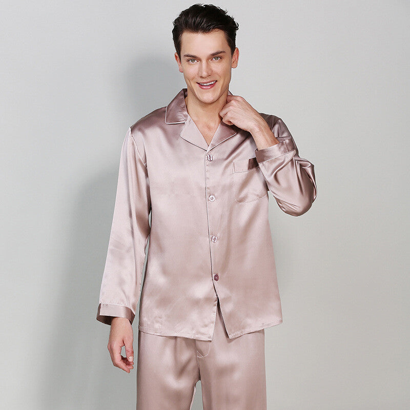 Men's Pajama Sets Mulberry Silk 100% Sleepwear Soft Long Sleeve Shirts Lapel New