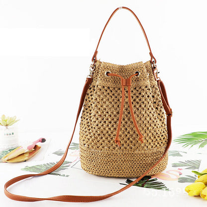 Lady Hand Woven Straw Bag Bucket Bag Beach Bag Shoulder Bag Crossbody Drawstring