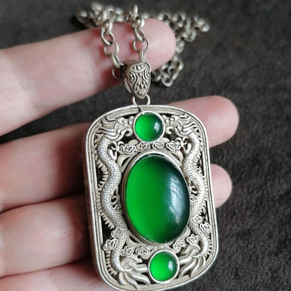 Asian Copper Doule Dragon Green Jade Statue Pendant and Necklace