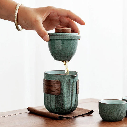 Ceramic Teapot with 4 Cups Green Travel Tea Set